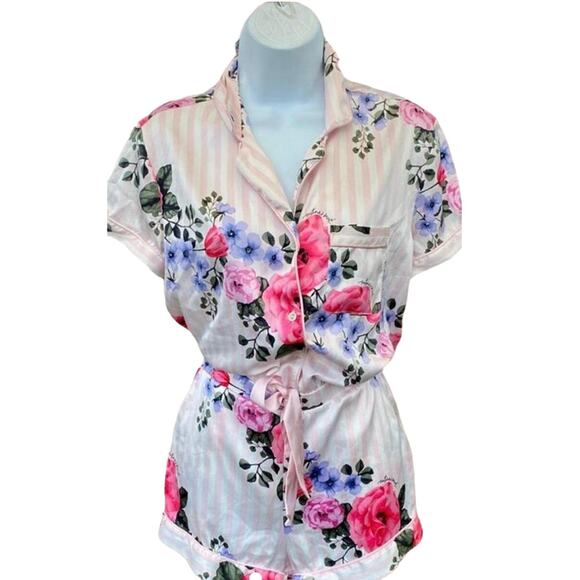 Victoria's Secret Satin Feel Pink Playsuit-romper Floral Striped M Roses Ribbon - Picture 10 of 10